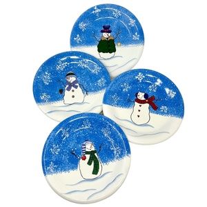 ⛔️ SOLD! ⛔️ St. Nicholas Square Button Up 8" Round Snowman Plates, Set of 4